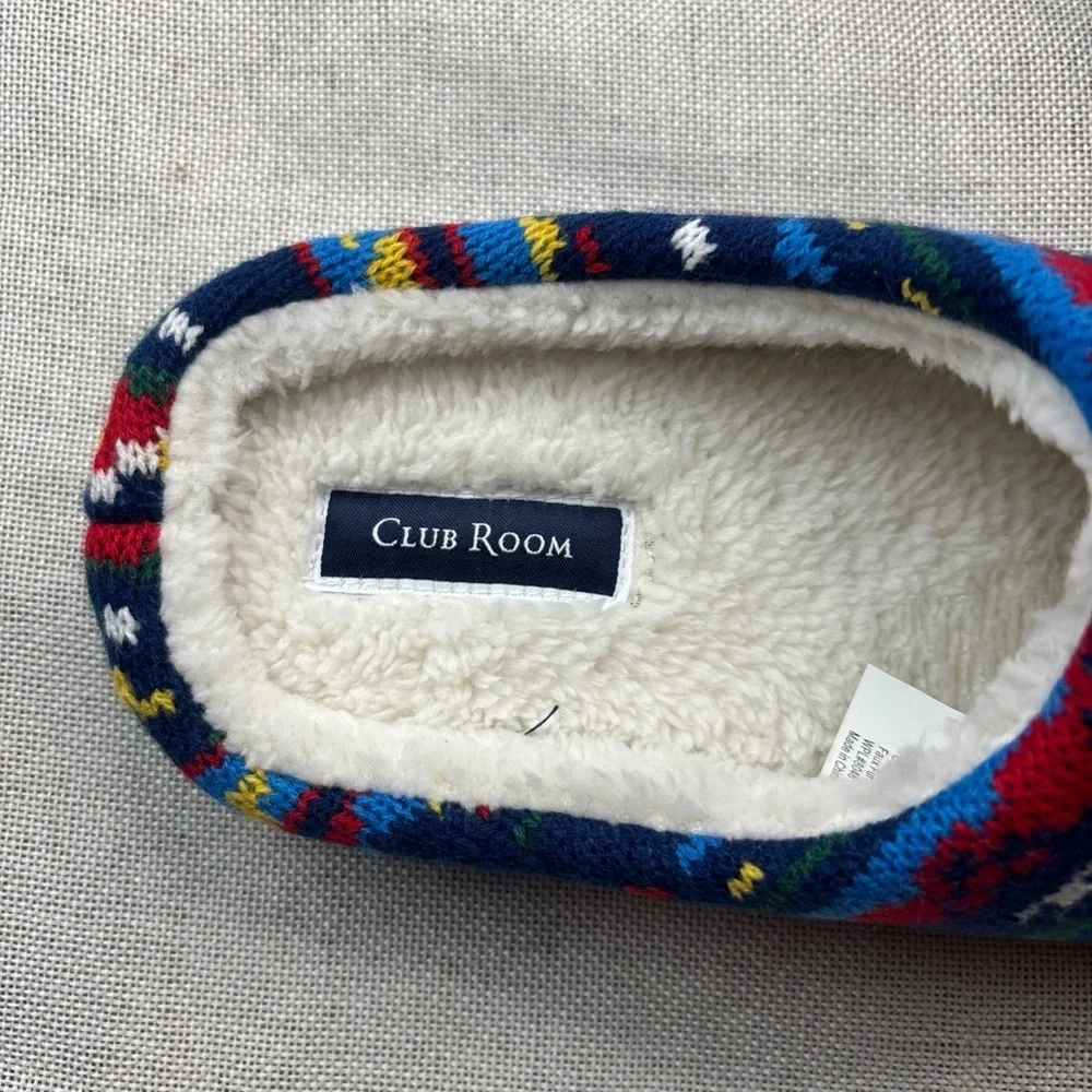 Club Room Mens Holiday Slip On Slippers Navy Blue Red Size Medium 8-9